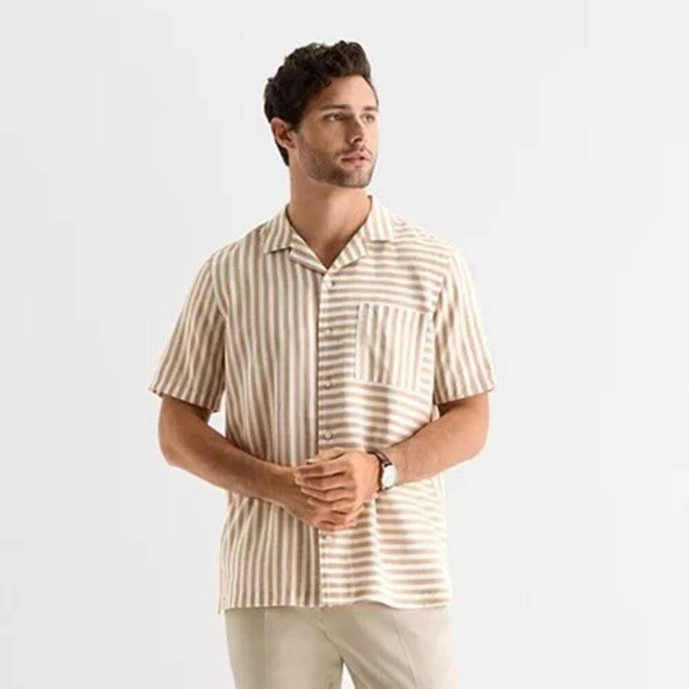 J Ferrar Mens Large 16-16.5 Shirt Brown Beige Striped Rayon Linen Short Sleeve